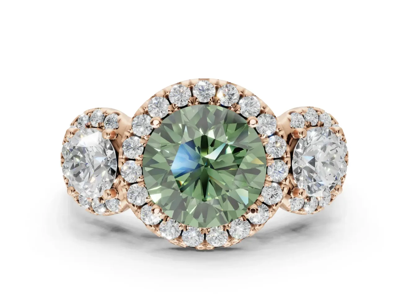 Round Three Stone Halo Engagement Ring Setting for a Fancy Green Lab-Grown Diamond | Rose Gold