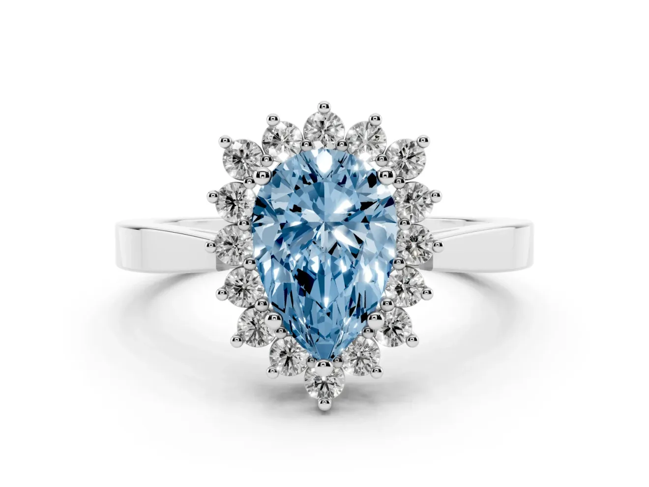 Fancy Blue Pear Cut Diamond Halo Ring Set in Silver with Round Halo and Smooth Solitaire Band