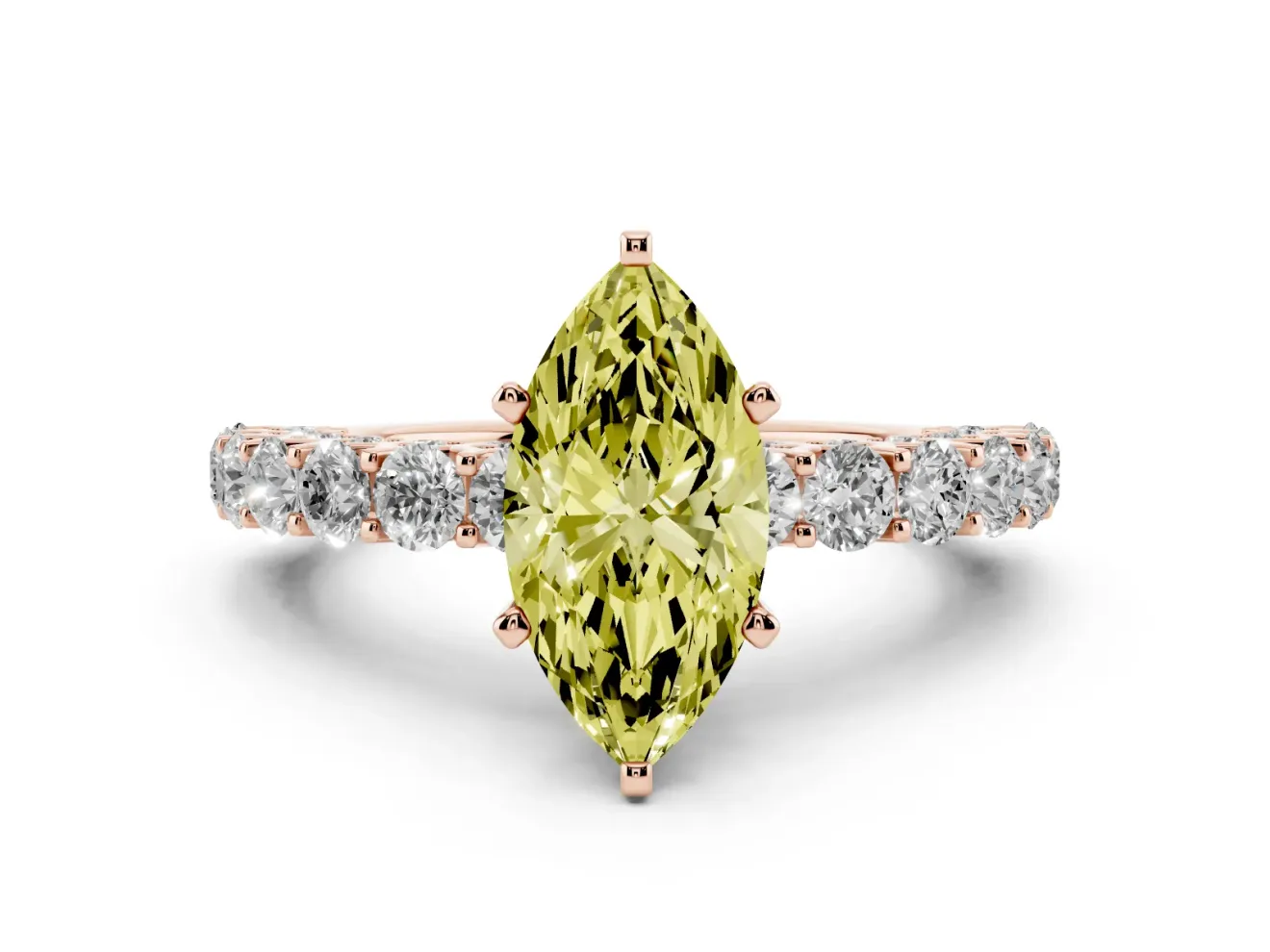 Fancy Yellow Marquise Cut Diamond Solitaire Ring Set in Rose gold with Shared Prong Pavé Band