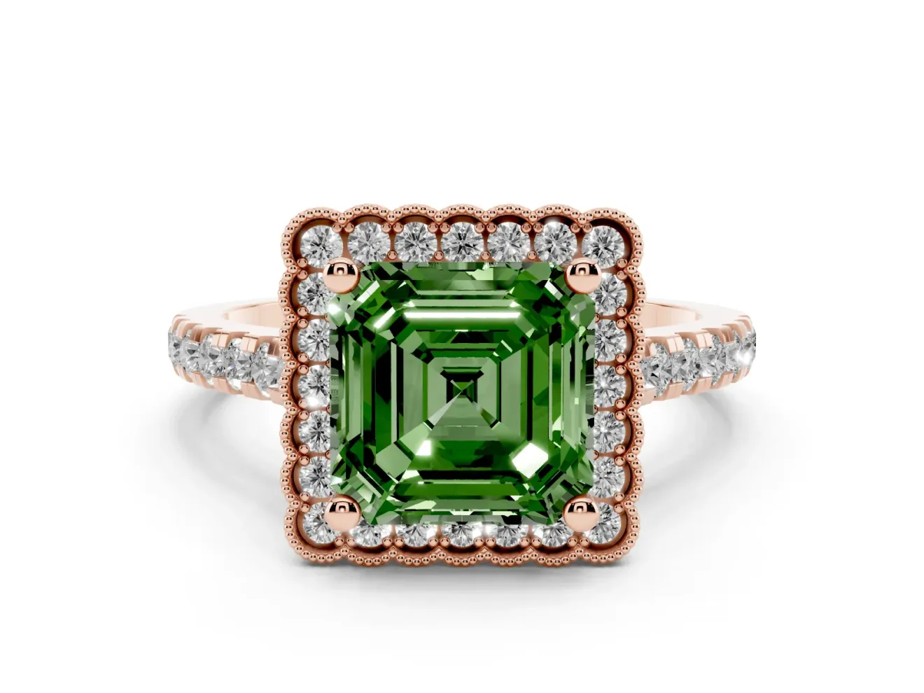 Asscher Cut Milgrain Floral Halo Engagement Ring Setting for a Fancy Green Lab-Grown Diamond | Pavé Band | Rose Gold