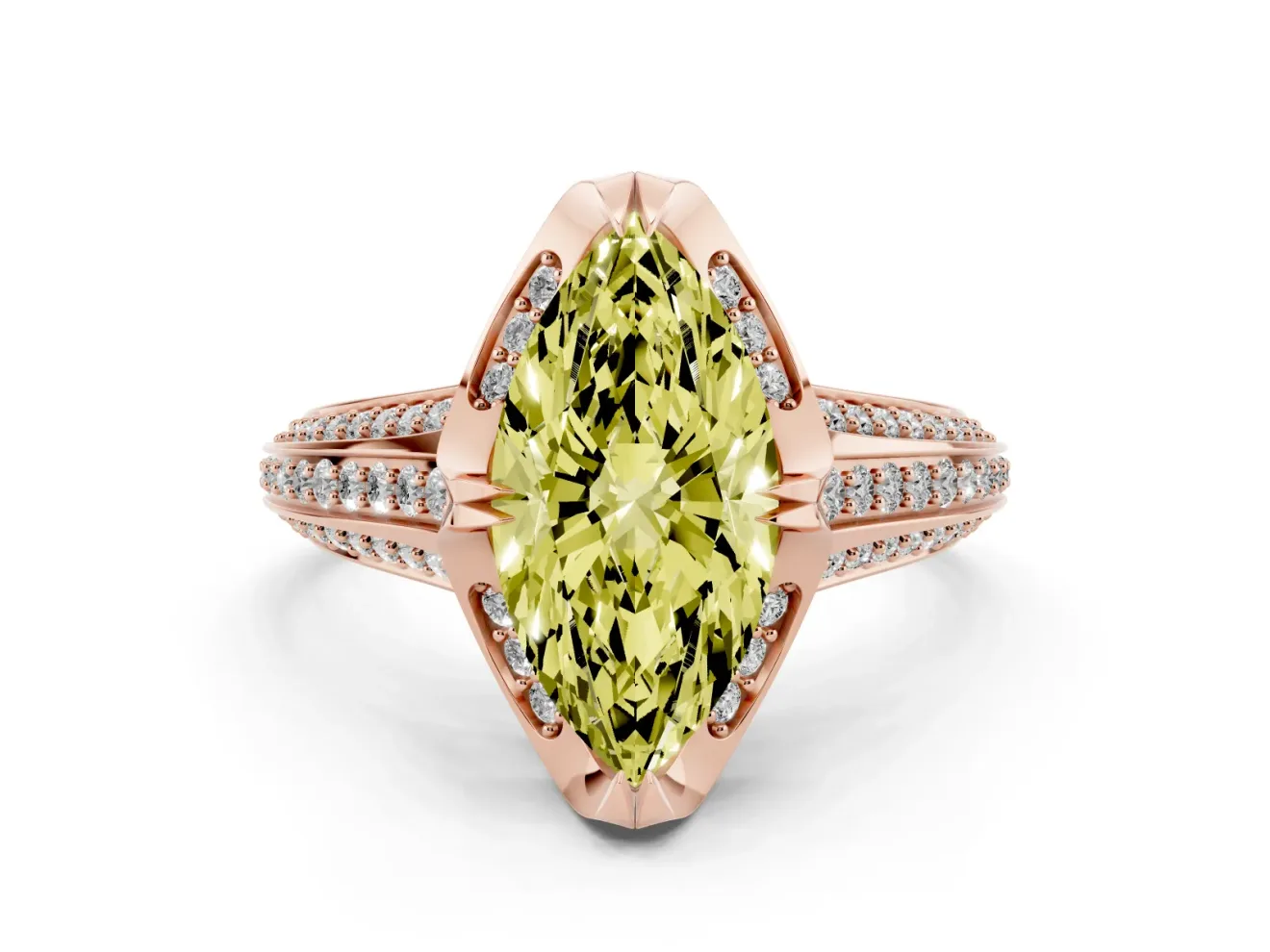 Marquise Hidden Halo Engagement Ring Setting for a Fancy Yellow Lab-Grown Diamond | Triple Row Pavé Band | Rose Gold