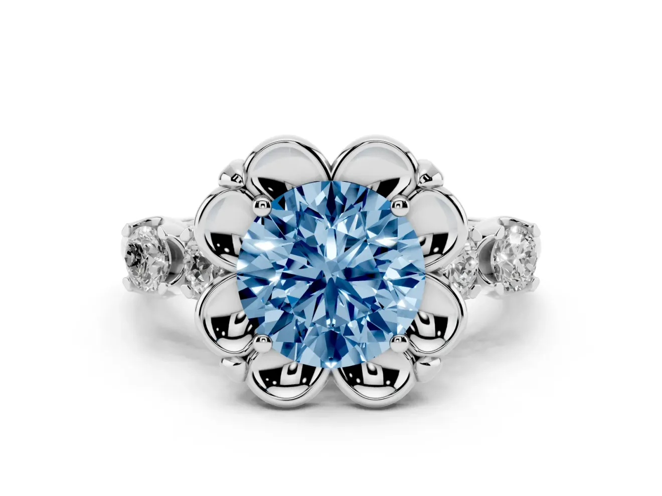 Round Floral Engagement Ring Setting for a Fancy Blue Lab-Grown Diamond | Petal Frame | Platinum