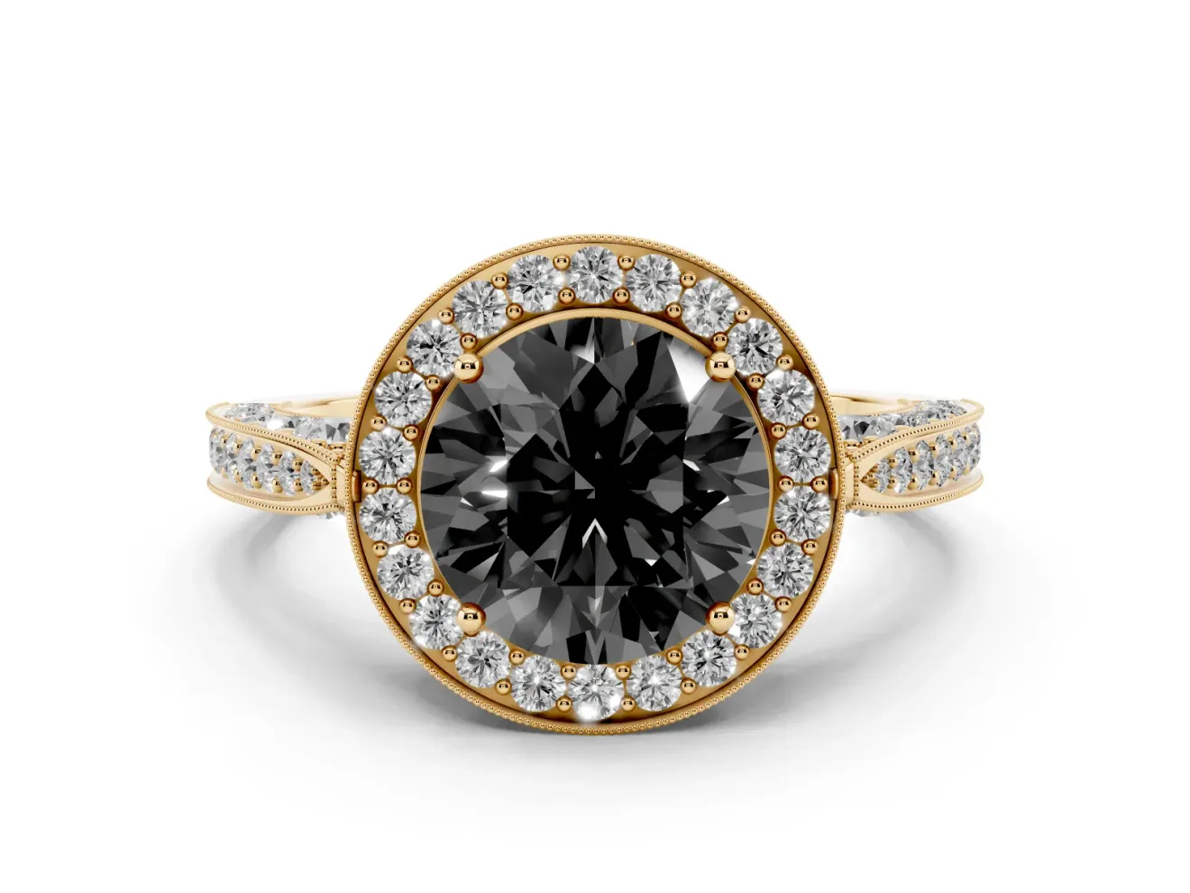 Round Milgrain Halo Engagement Ring Setting for a Black Center | Side Stones | Yellow Gold