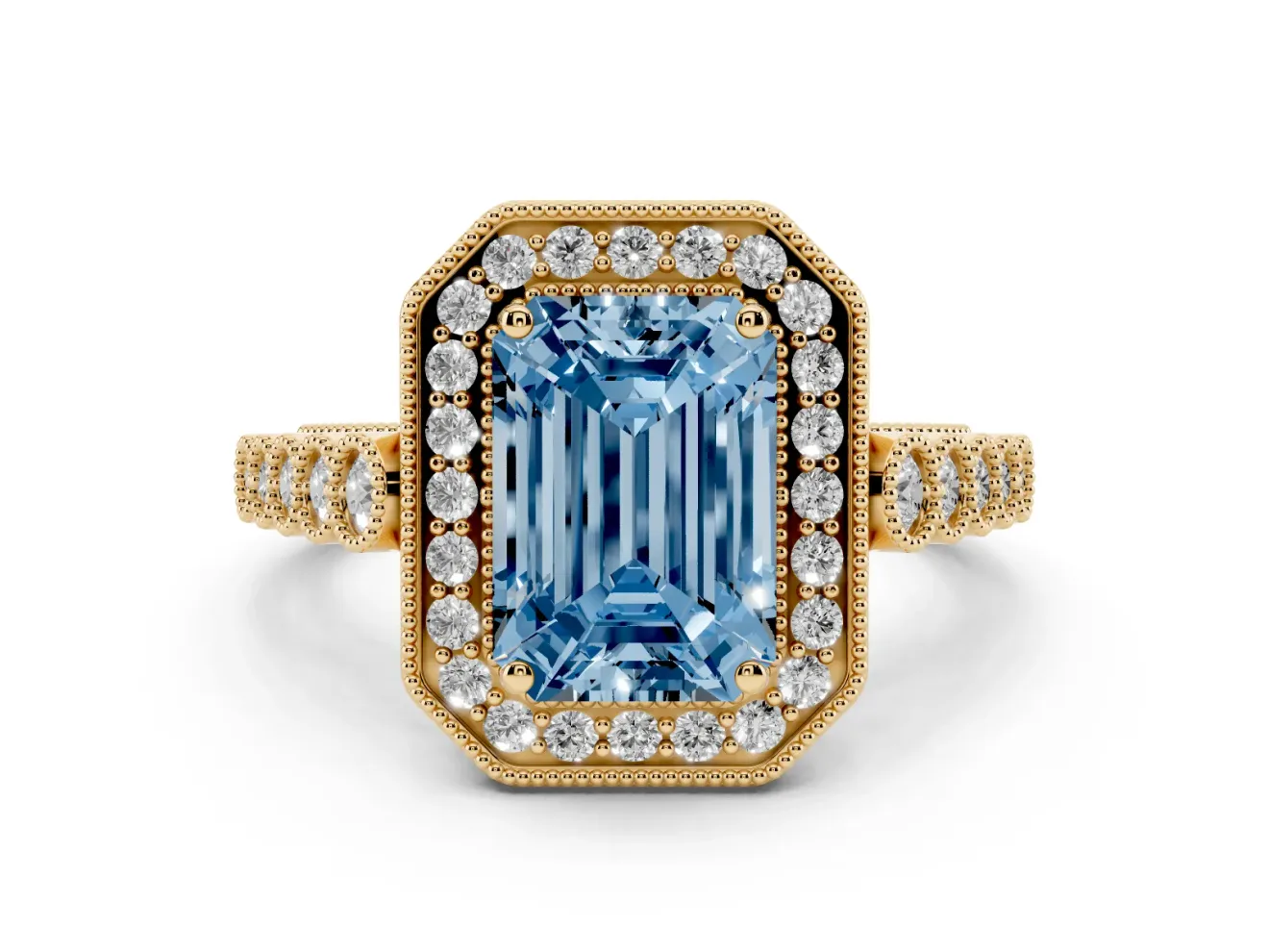 Emerald Cut Graduated Milgrain Halo Engagement Ring Setting for a Fancy Blue Lab-Grown Diamond | Yellow Gold