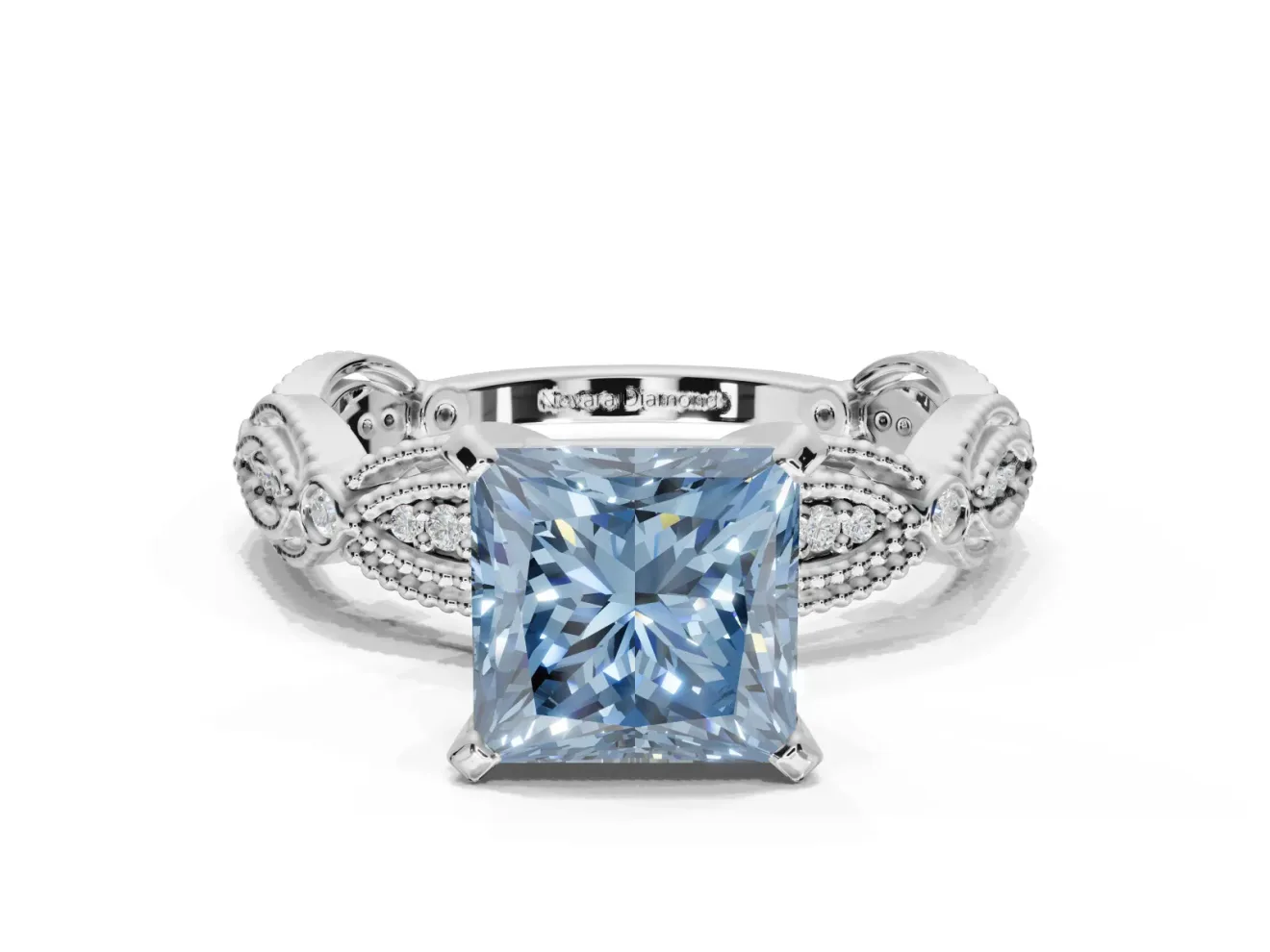 Princess Cut Vintage Milgrain Engagement Ring Setting for a Fancy Blue Lab-Grown Diamond | Graduated Stations | Platinum