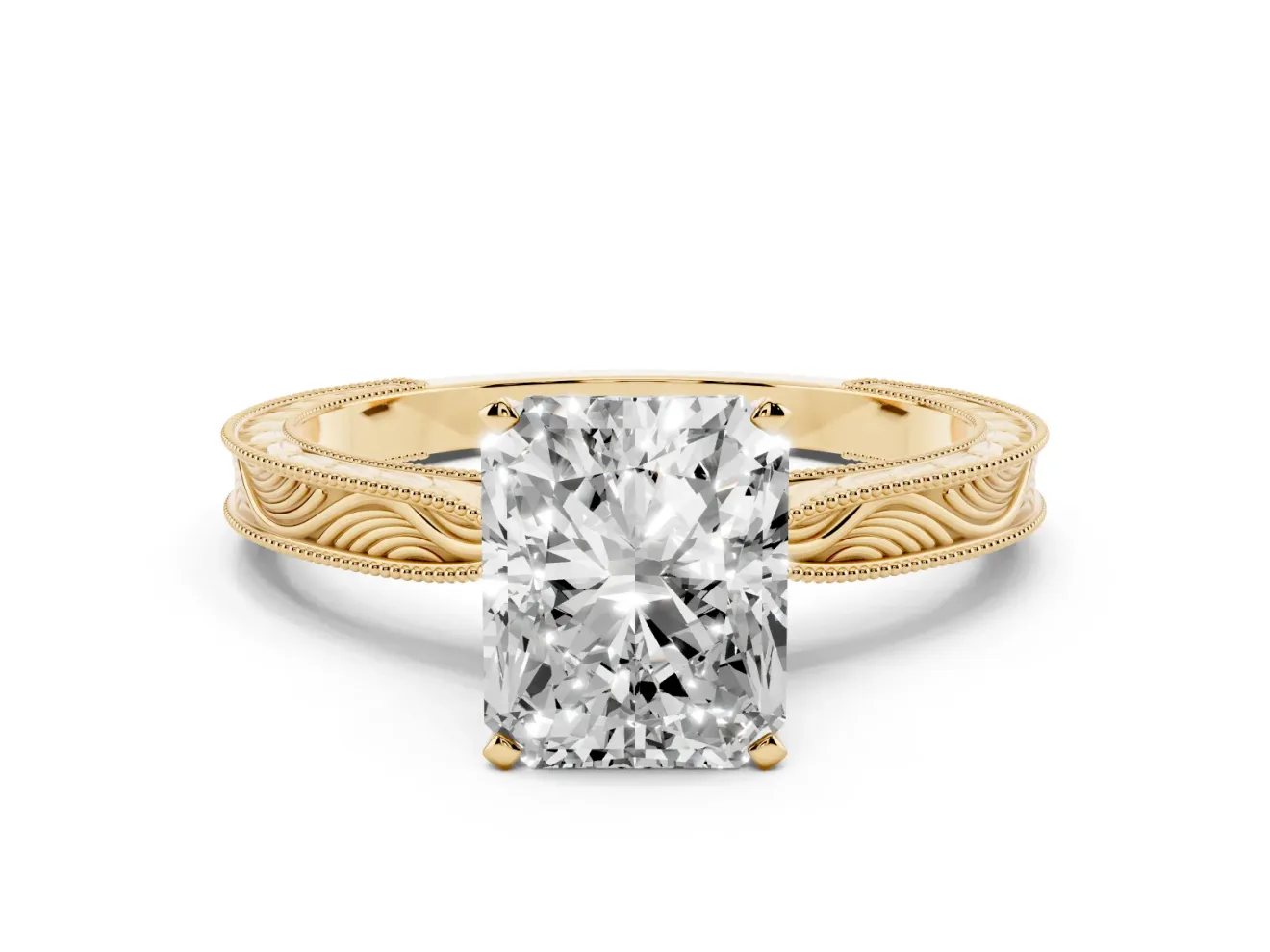 Radiant Cut Diamond Solitaire Milgrain Engraved Band Set in Yellow gold with Prong Setting