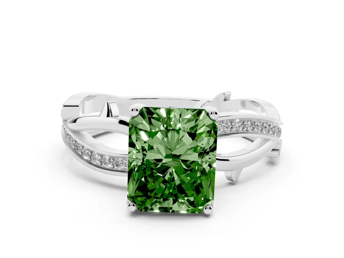 Fancy Green Radiant Cut Diamond Pavé Twist Band Solitaire Ring Set in White gold with Prong Setting
