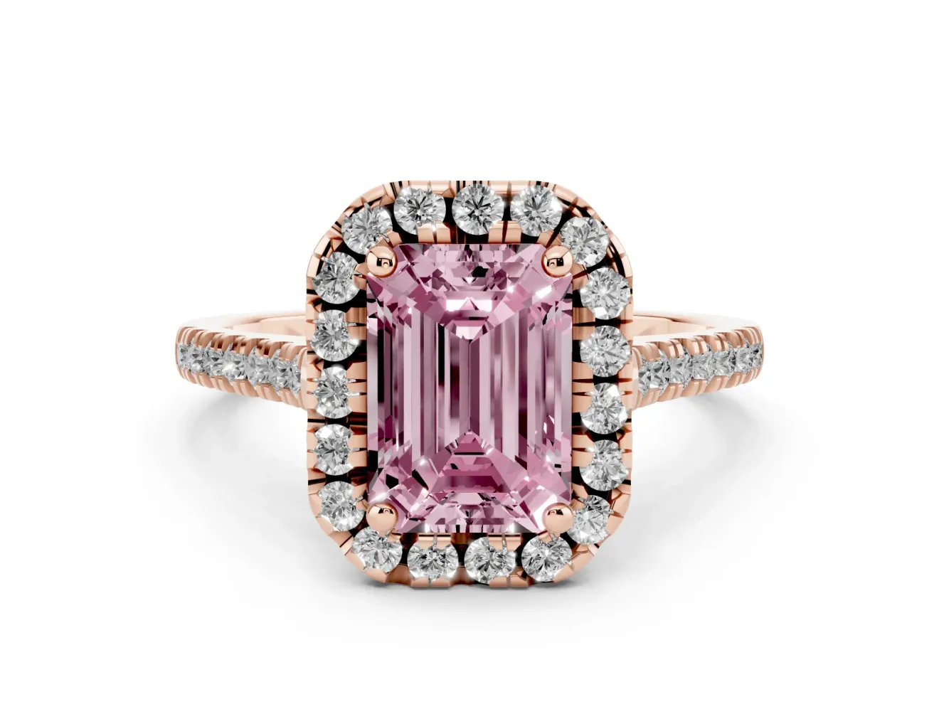 Emerald Cut Halo Engagement Ring Setting for a Fancy Pink Lab-Grown Diamond | Tapered Band | Rose Gold