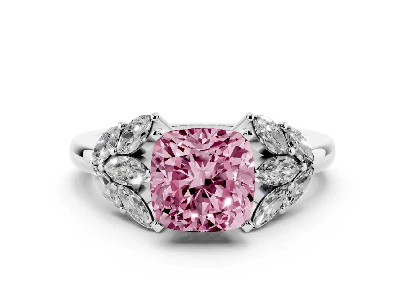 Fancy Pink Cushion Cut Diamond Cluster Leaf Design Ring Set in Platinum with Prong Setting