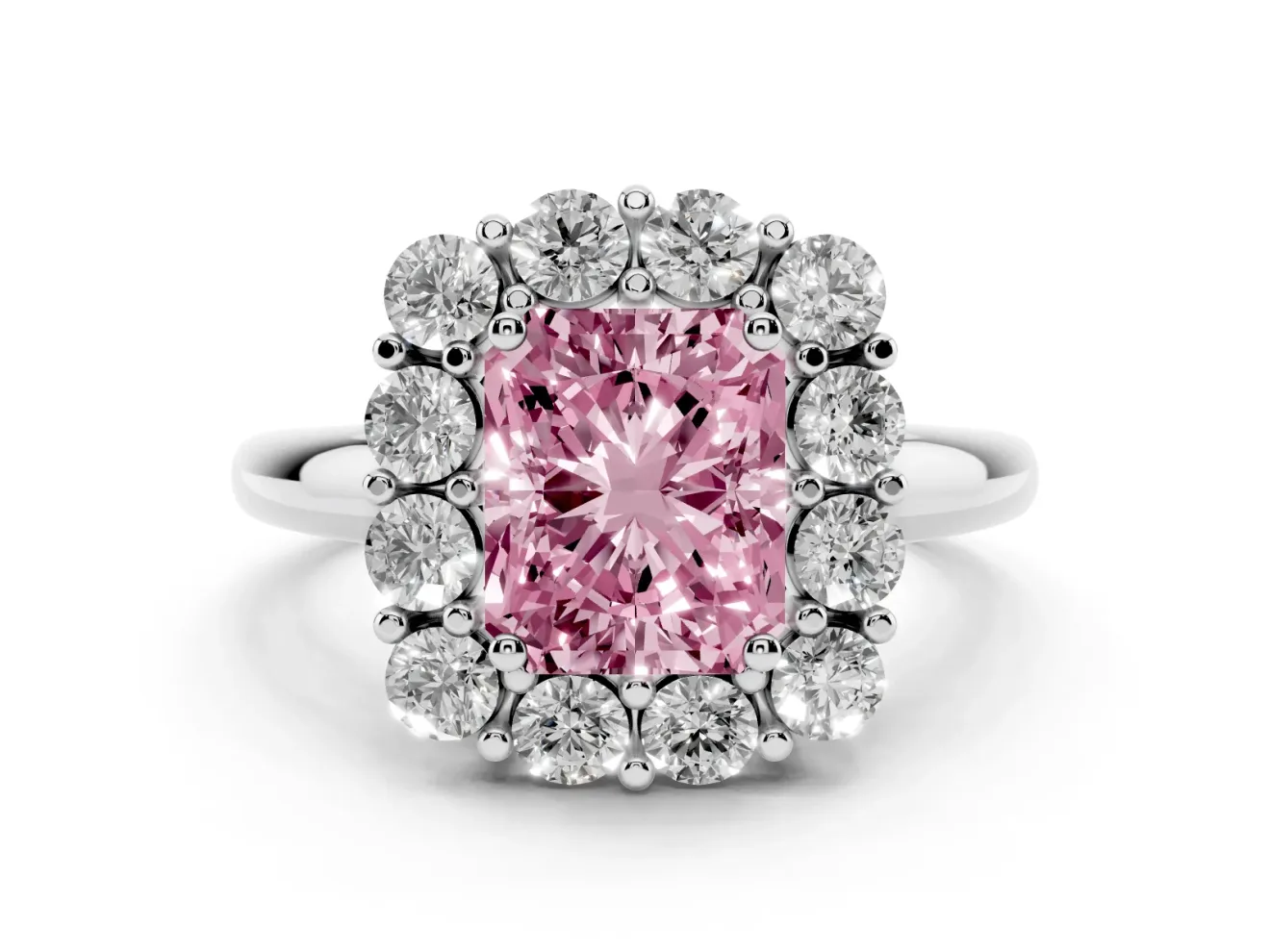 Radiant Cut Cluster Halo Engagement Ring Setting for a Fancy Pink Lab-Grown Diamond | Large Round Accents | Platinum