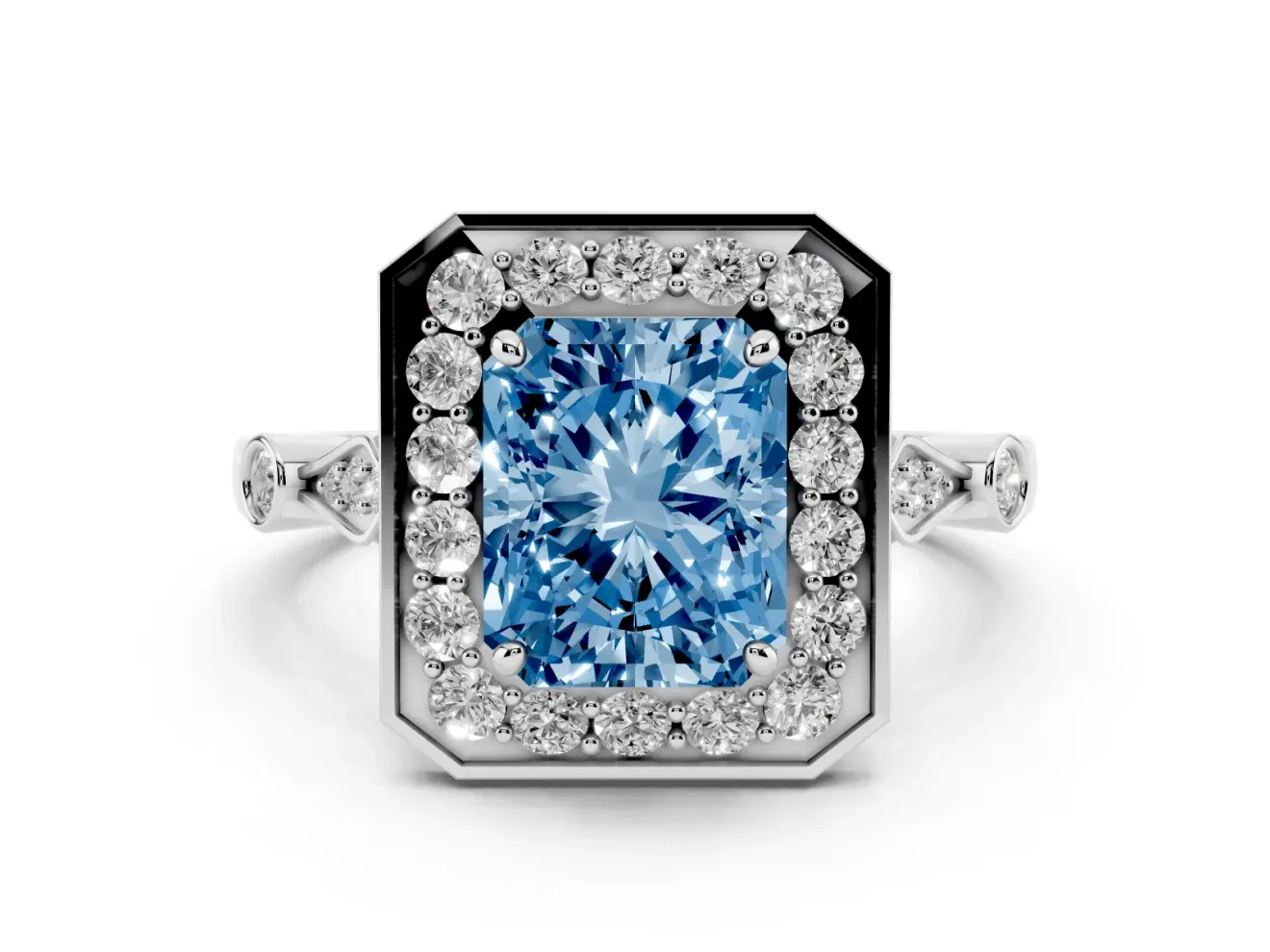 Radiant Cut Halo Engagement Ring Setting for a Fancy Blue Lab-Grown Diamond | Bezel Station Shoulders | White Gold