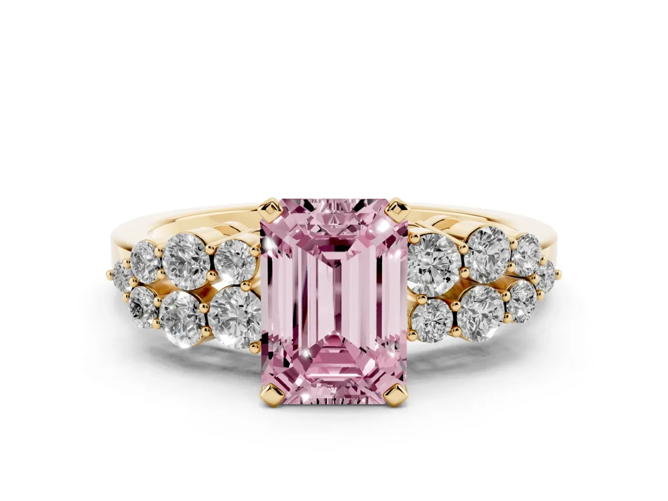 Fancy Pink Emerald Cut Diamond Cluster Engagement Ring Set in Yellow gold with Pavé Band and Prong Setting