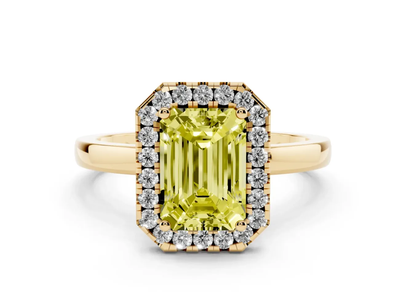 Emerald Cut Thin Halo Engagement Ring Setting for a Fancy Yellow Lab-Grown Diamond | Plain Polished Band | Yellow Gold