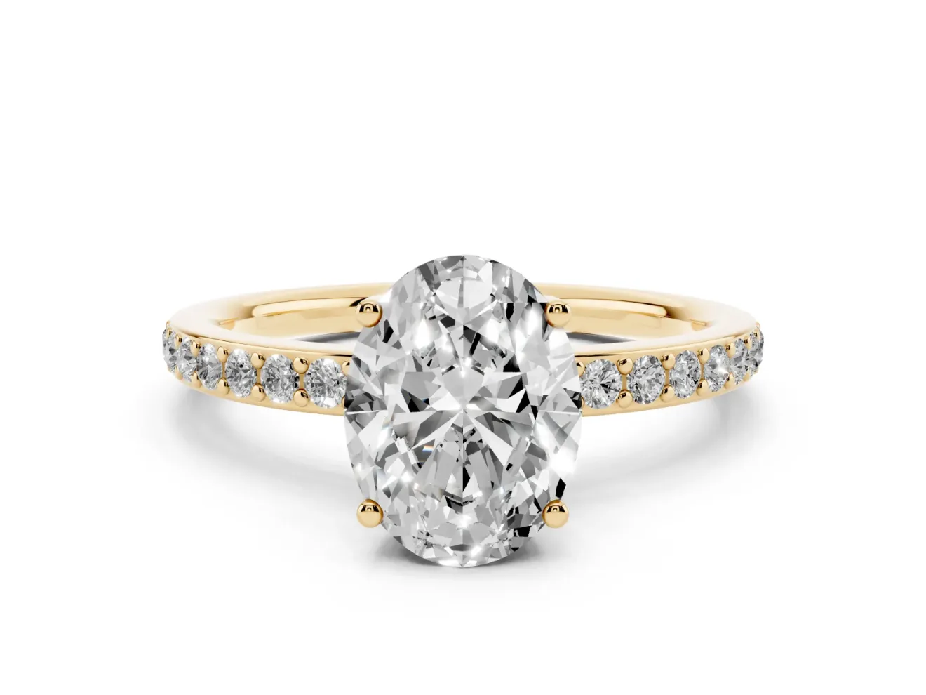 Oval Cut Diamond Pavé Band Ring Set in Yellow gold with Prong-Set Center Stone