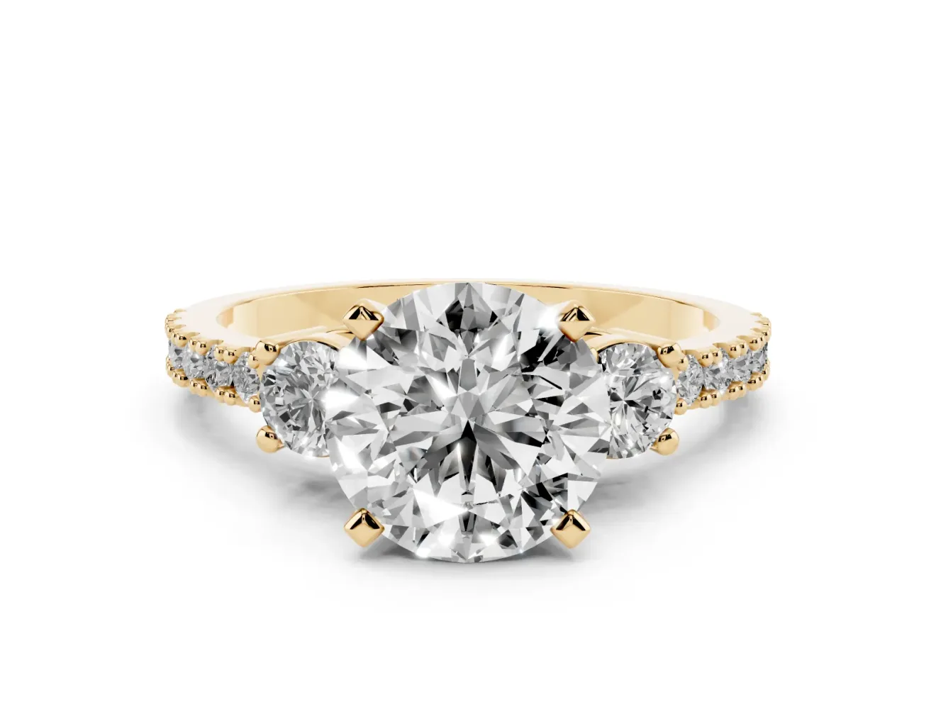 Three-Stone Round Cut Diamond Pavé Band Ring Set in Yellow gold with Prong Setting