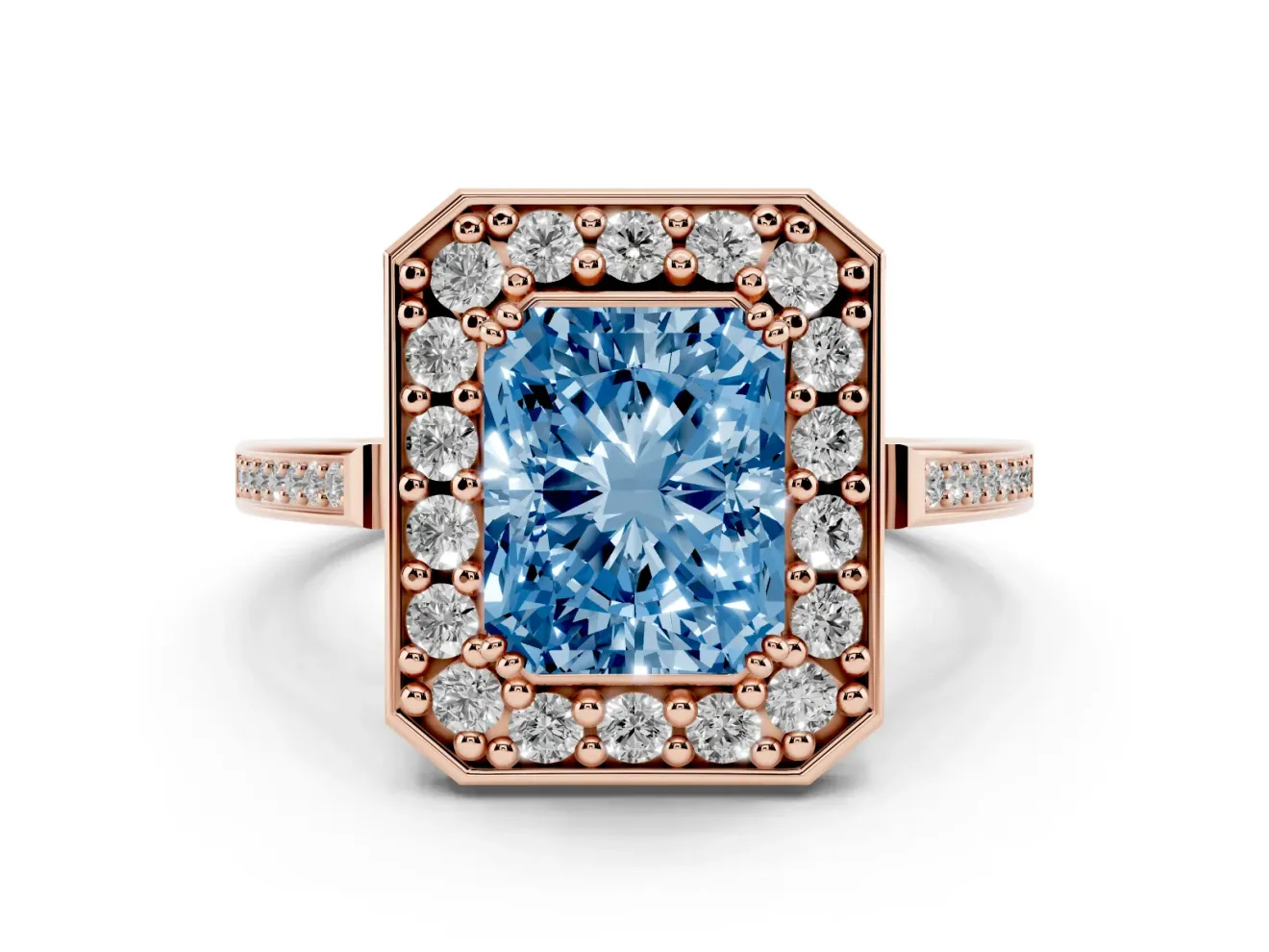 Radiant Cut Halo Engagement Ring Setting for a Fancy Blue Lab-Grown Diamond | Polished Halo Rim | Rose Gold