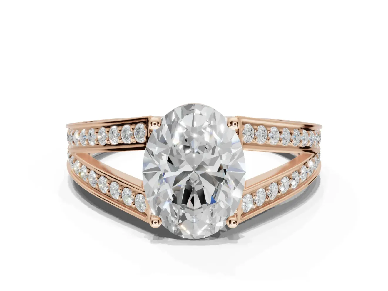 Oval Split Shank Pavé Engagement Ring Setting | Engraved Leaf Sides | Rose Gold