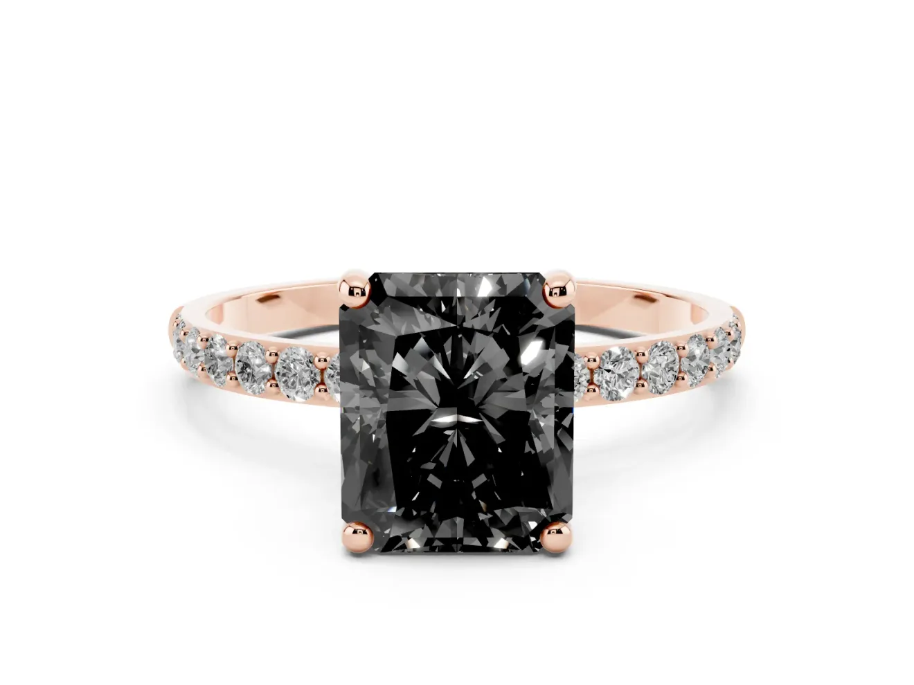 Fancy Black Radiant Cut Diamond Solitaire Ring Set in Rose gold with Round Pavé Band and Prong Setting