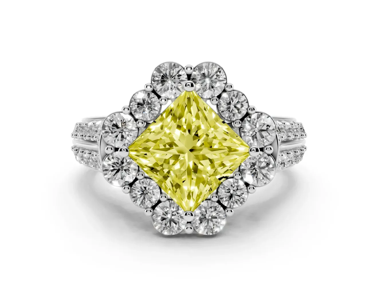 Fancy Yellow Princess Cut Diamond Halo Engagement Ring Set in White gold with Split Shank and Prong Setting