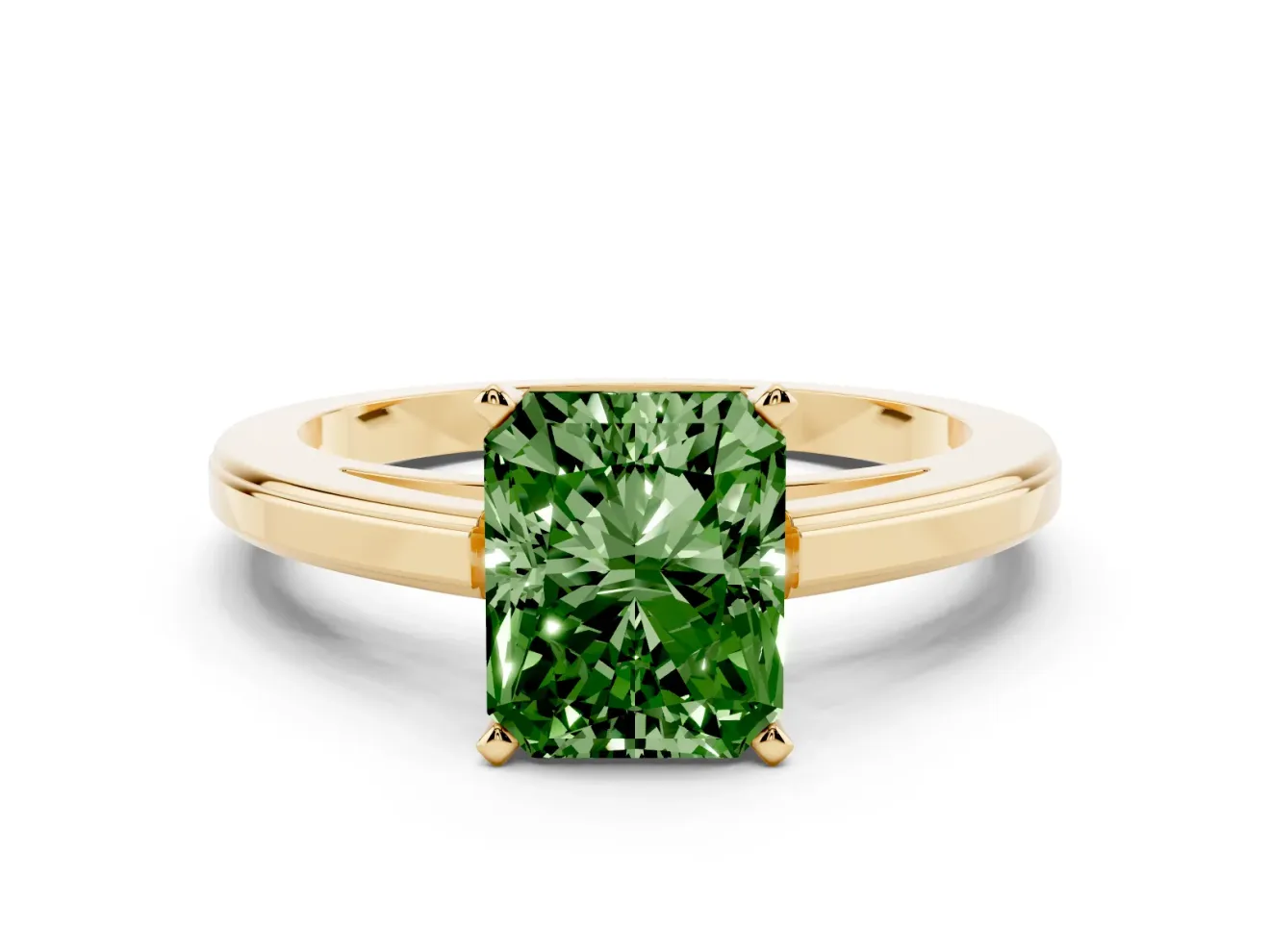 Fancy Green Radiant Cut Diamond Solitaire Ring Set in Yellow gold with Prong Setting and Classic Band