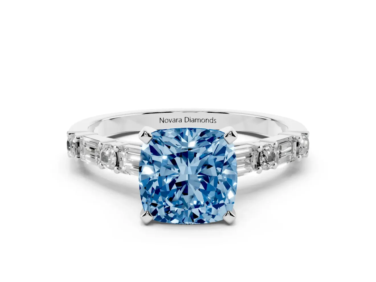 Fancy Blue Cushion Cut Diamond Solitaire Set in Silver with Side Baguettes and Channel Set Band