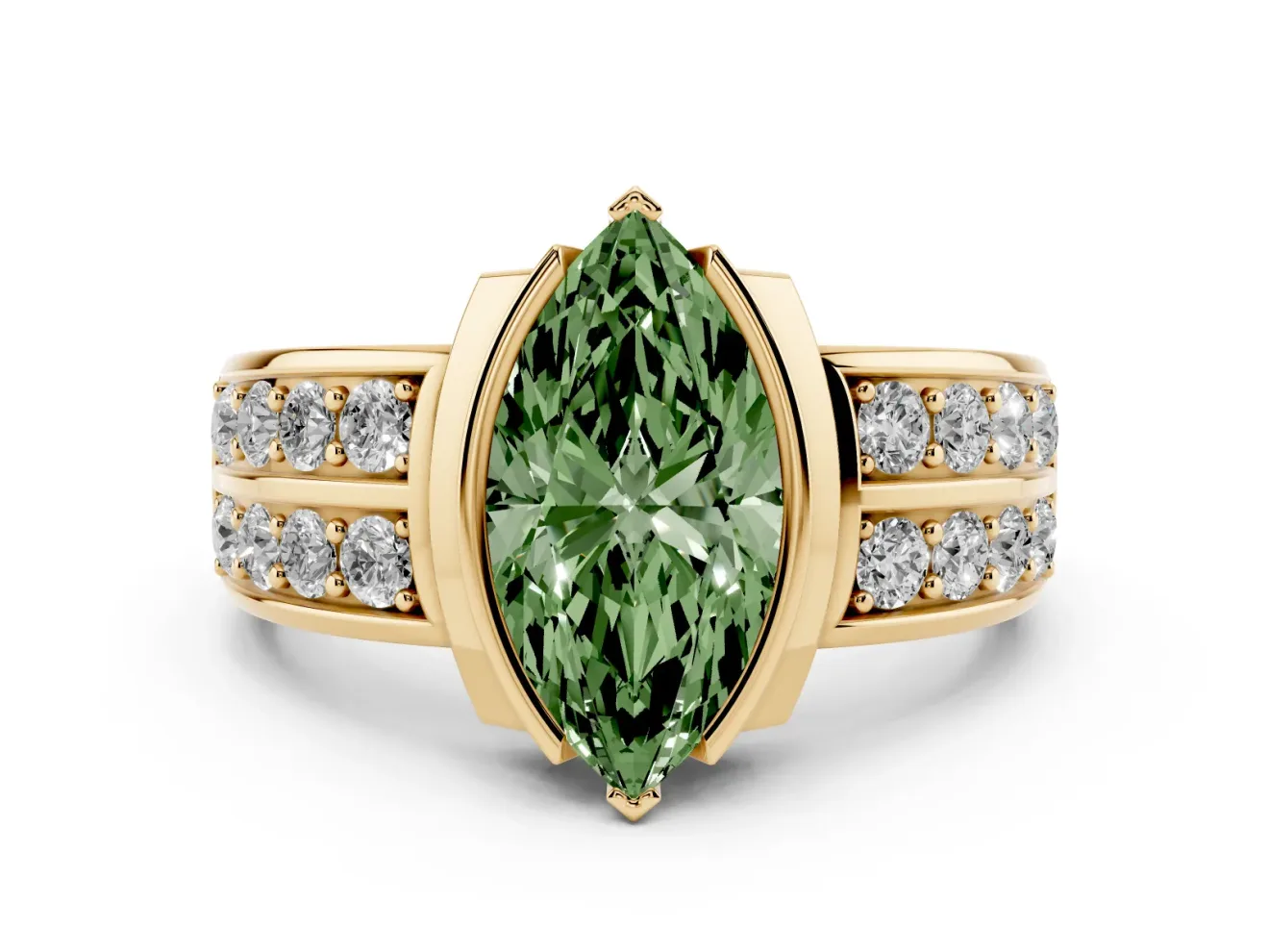 Marquise Half Bezel Engagement Ring Setting for a Fancy Green Lab-Grown Diamond | Double Row Channel Band | Yellow Gold