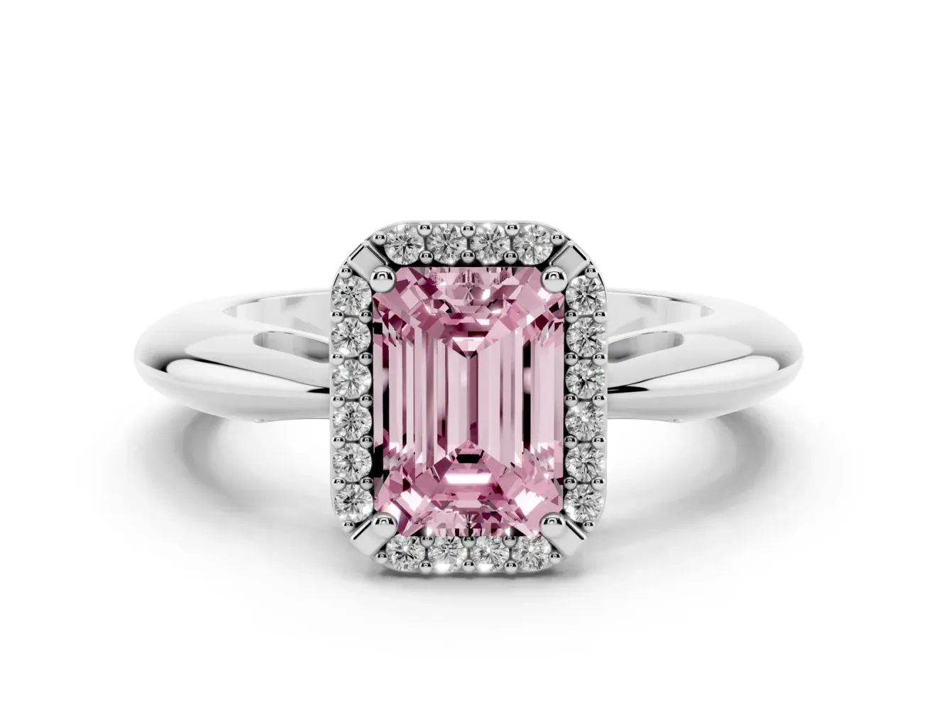 Fancy Pink Emerald Cut Diamond Halo Engagement Ring Set in Silver with Plain Split Shank and Prong Setting
