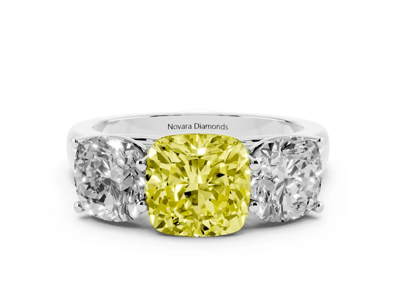 Cushion Cut Three Stone Engagement Ring Setting for a Fancy Yellow Lab-Grown Diamond | Basket Prong Heads | White Gold