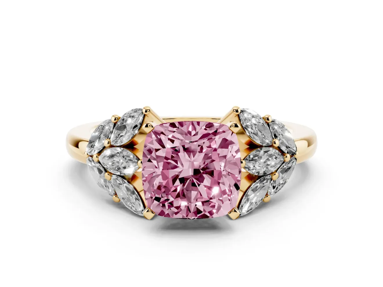 Fancy Pink Cushion Cut Diamond Cluster Leaf Design Ring Set in Yellow gold with Prong Setting