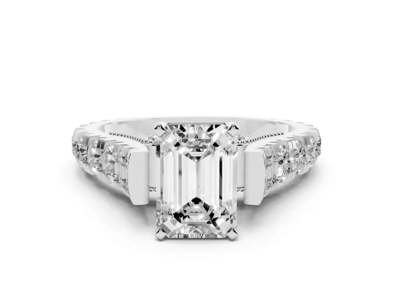 Emerald Cut Graduated Side Stone Cathedral Engagement Ring Setting | Milgrain Gallery | Platinum