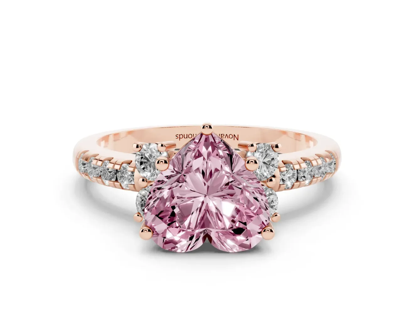 Heart-Shaped Side Stone Engagement Ring Setting for a Fancy Pink Lab-Grown Diamond | Pave Band | Rose Gold