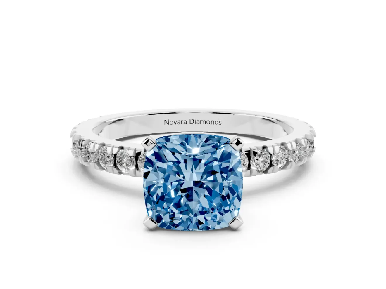 Fancy Blue Cushion Cut Diamond Pavé Band Solitaire Set in White gold with Prong Setting