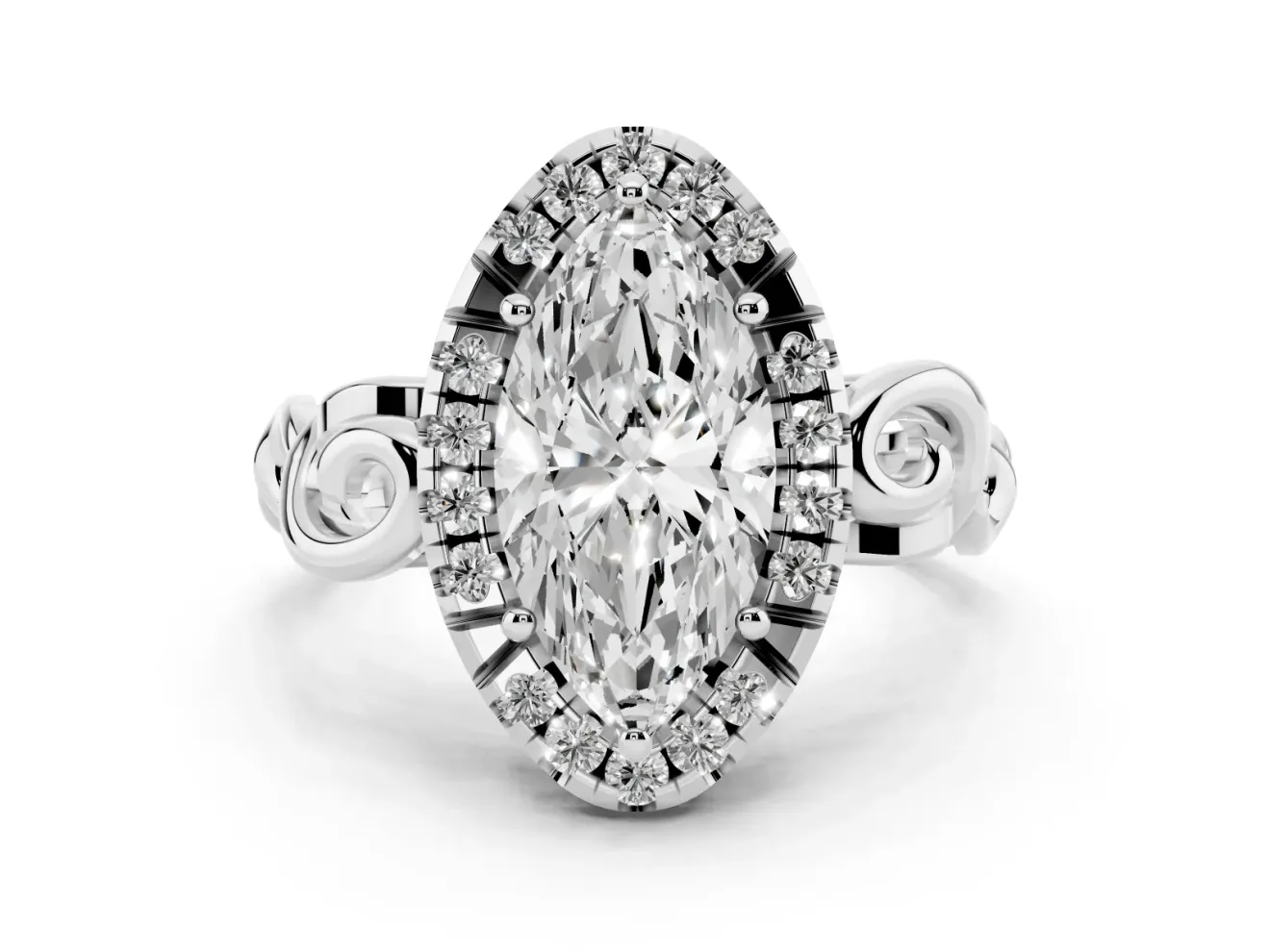 Marquise Cut Diamond Halo Ring Set in Silver with Scrollwork Band and Prong Setting