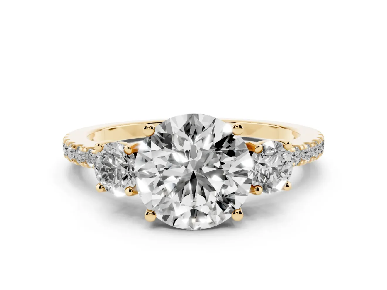 Round Cut Diamond Three-Stone Ring Set in Yellow gold with Pavé Band and Graduated Sides