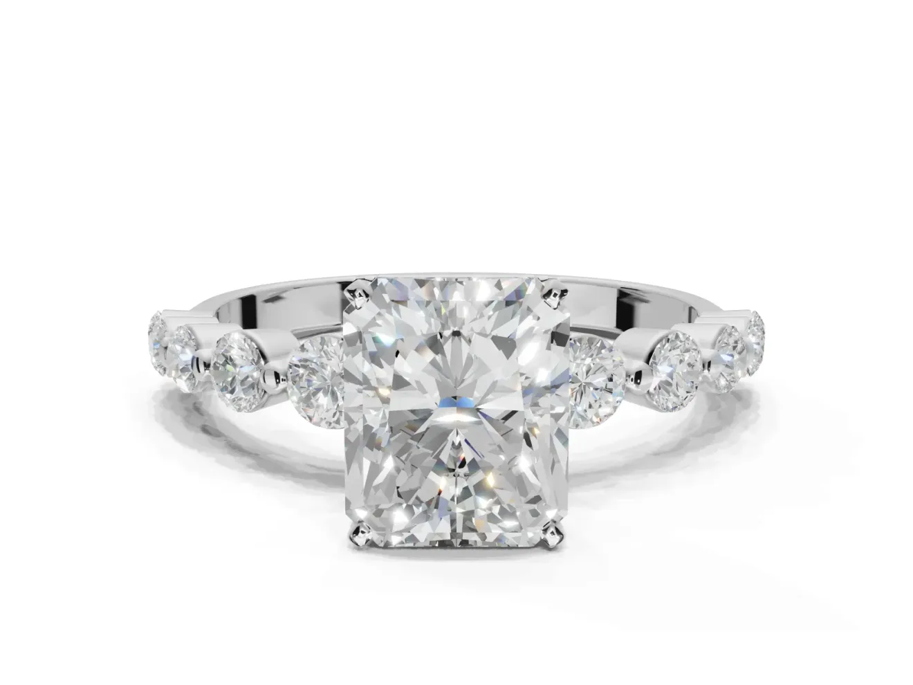 Radiant Cut Graduated Side Stone Engagement Ring Setting | Individually Seated | Sterling Silver