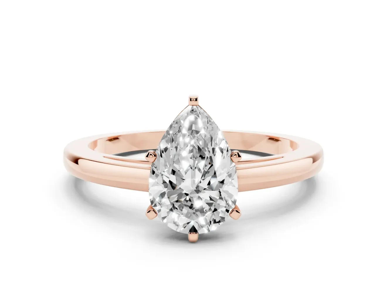 Pear Cut Diamond Solitaire Engagement Ring Set in Rose gold with Prong Setting on a Classic Band