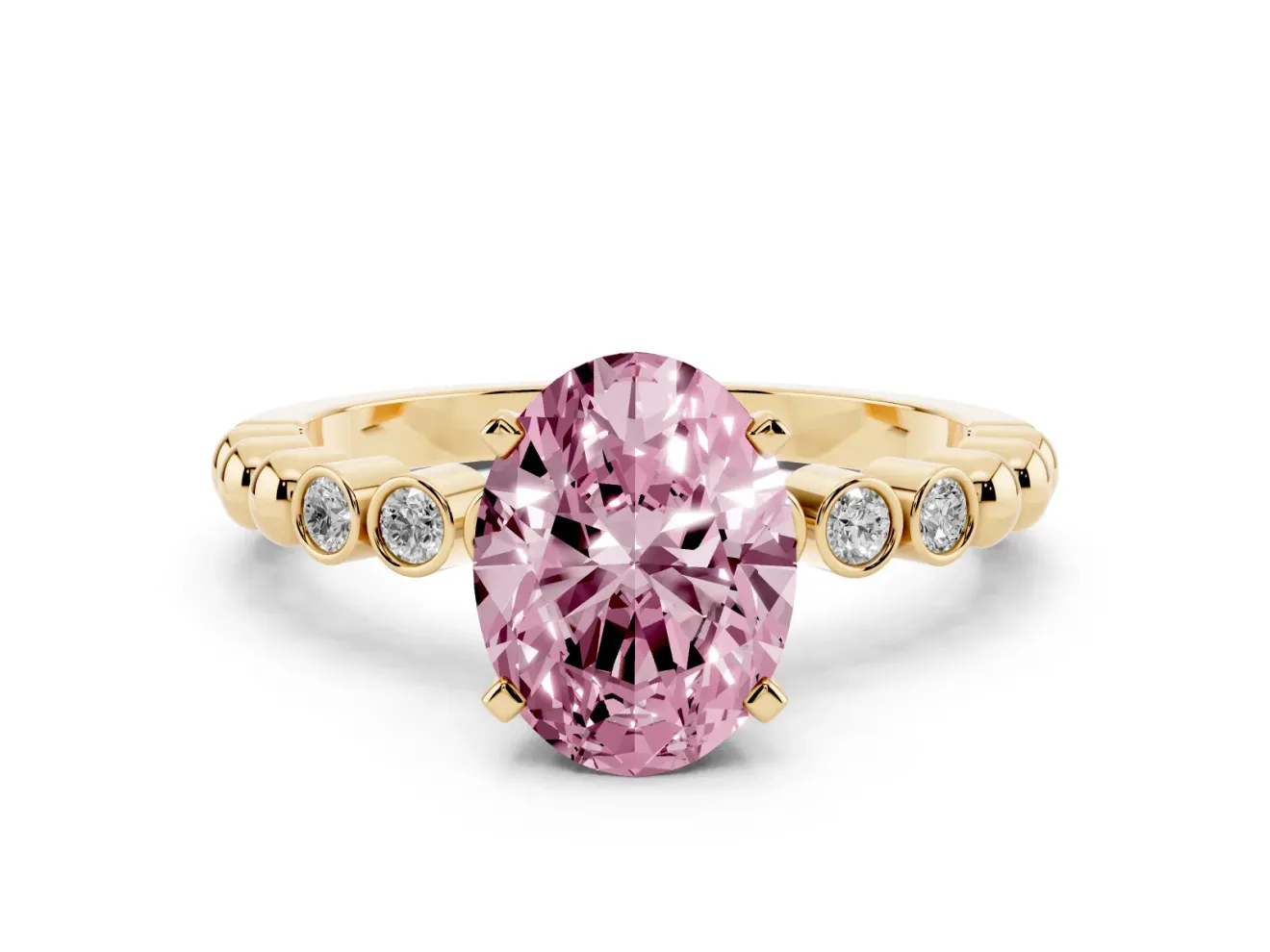 Oval Beaded Solitaire Engagement Ring Setting for a Fancy Pink Lab-Grown Diamond | Yellow Gold