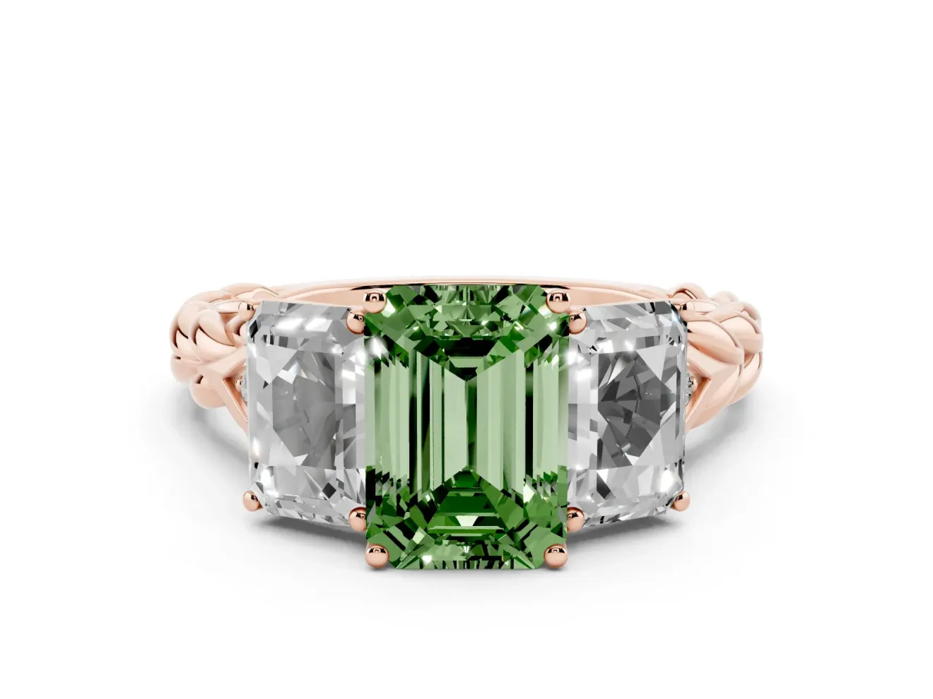 Fancy Green Emerald Cut Diamond Three-Stone Ring Set in Rose gold with Braided Band
