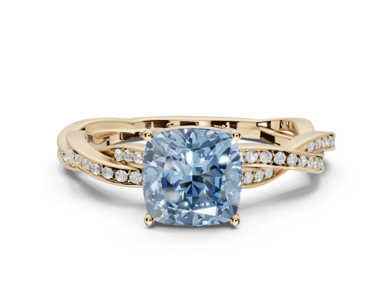 Cushion Cut Twisted Pavé Solitaire Engagement Ring Setting for a Fancy Blue Lab-Grown Diamond | Yellow Gold