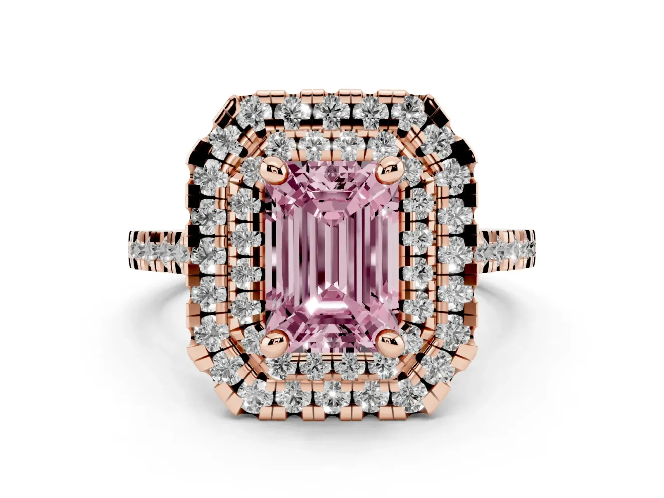 Emerald Cut Double Halo Engagement Ring Setting for a Fancy Pink Lab-Grown Diamond | Pave Shoulders | Rose Gold