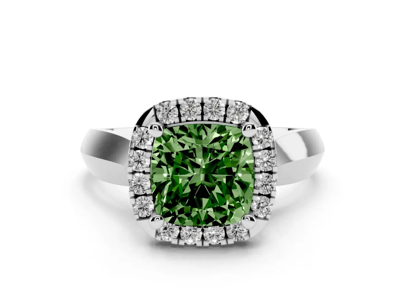 Cushion Cut Halo Engagement Ring Setting for a Fancy Green Lab-Grown Diamond | Square Profile Band | Platinum
