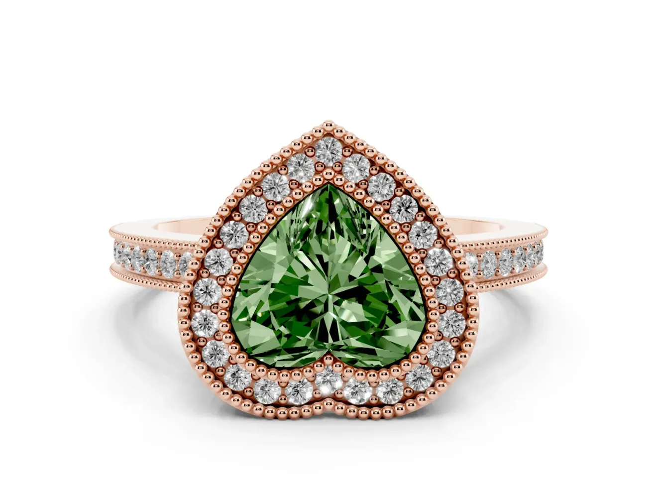 Heart-Shaped Milgrain Halo Engagement Ring Setting for a Fancy Green Lab-Grown Diamond | Rose Gold