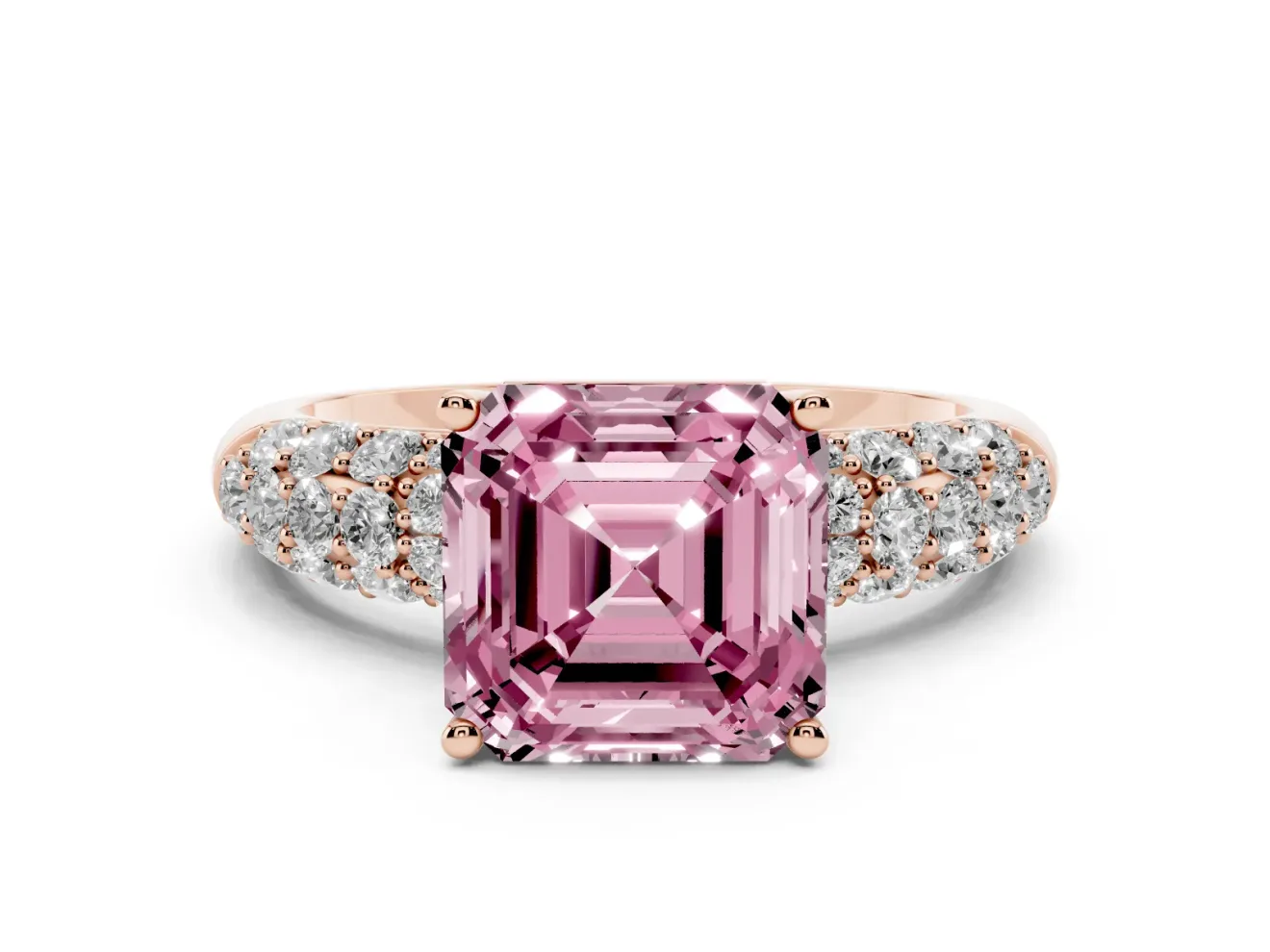 Asscher Cut Multi Row Pave Engagement Ring Setting for a Fancy Pink Lab-Grown Diamond | Rose Gold