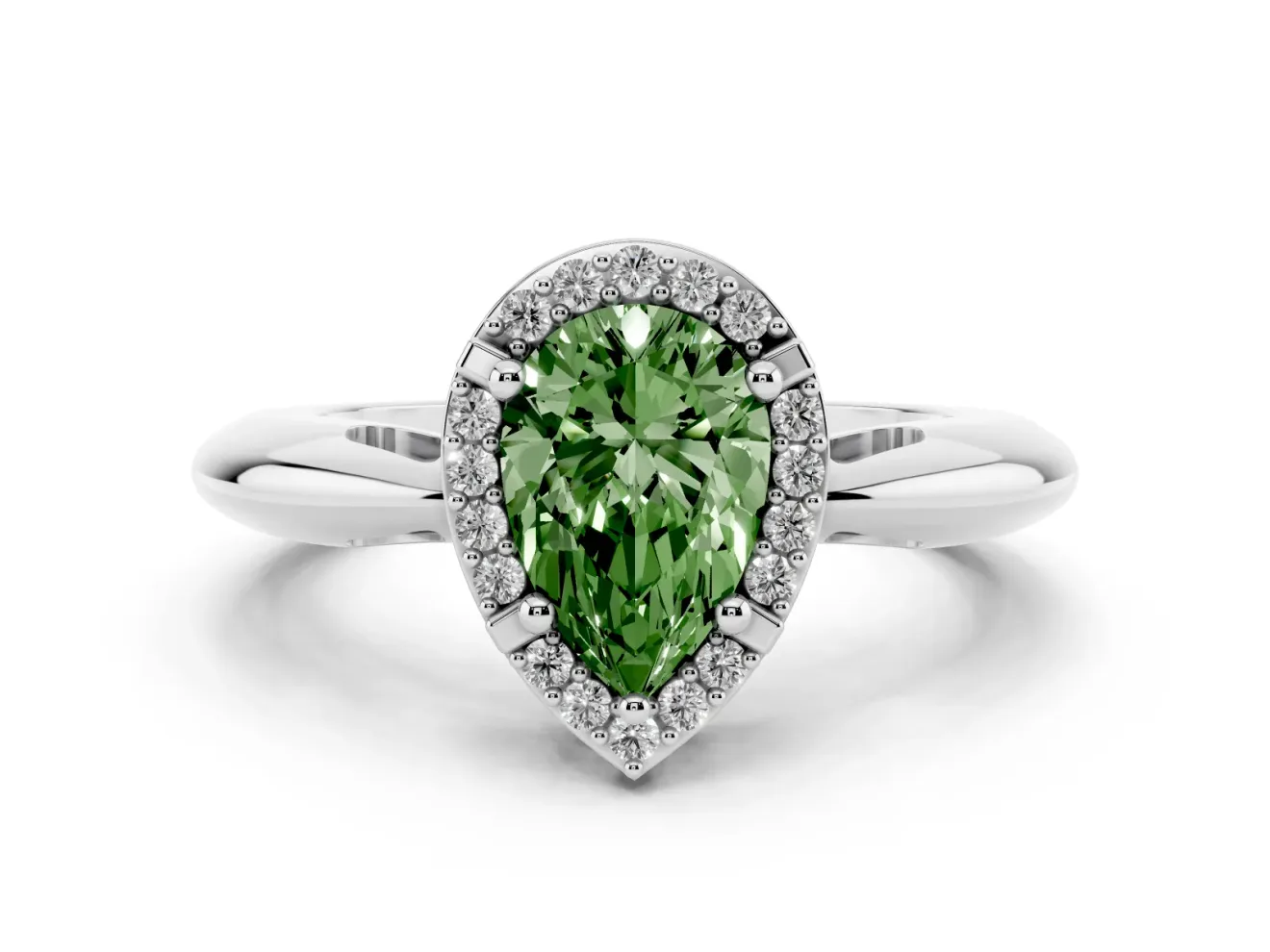Fancy Green Pear Cut Diamond Halo Engagement Ring Set in White gold with Plain Split Shank and Prong Setting
