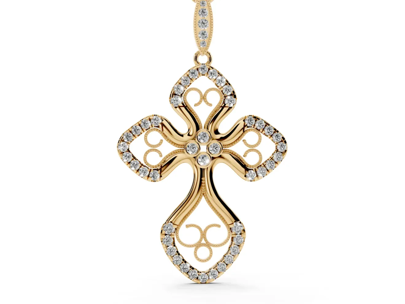 Round Lab-Grown Diamond Graduated Filigree Cross Pendant Necklace | Milgrain Edges | Yellow Gold