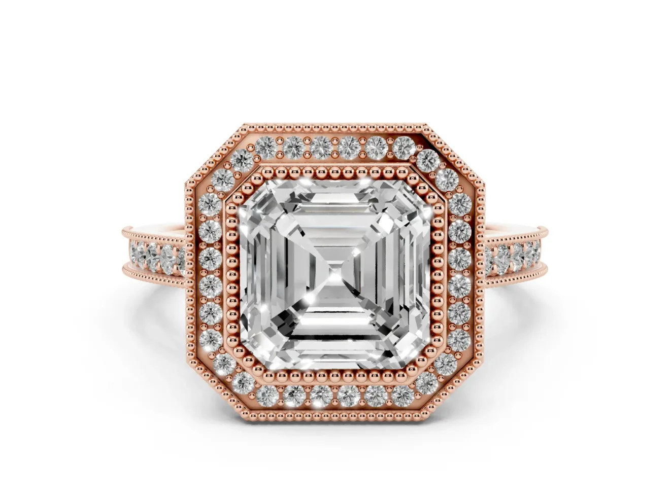 Asscher Cut Vintage Milgrain Halo Engagement Ring Setting | Bezel Head | Rose Gold