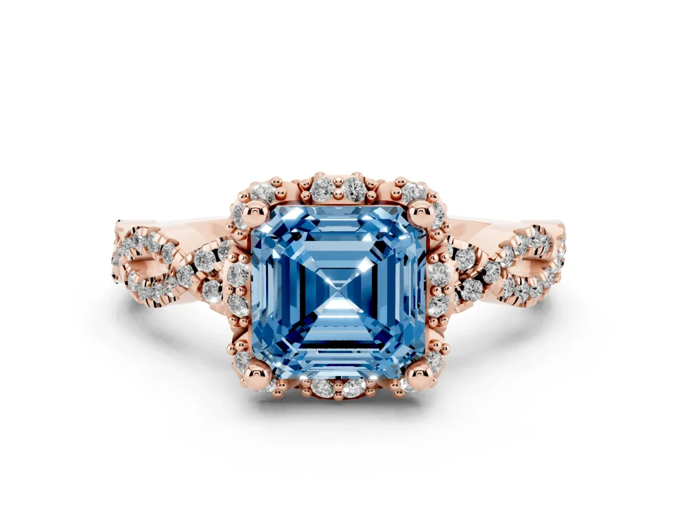 Fancy Blue Asscher Cut Diamond Halo Twist Band Solitaire Ring Set in Rose gold with Prong-Set Center Stone