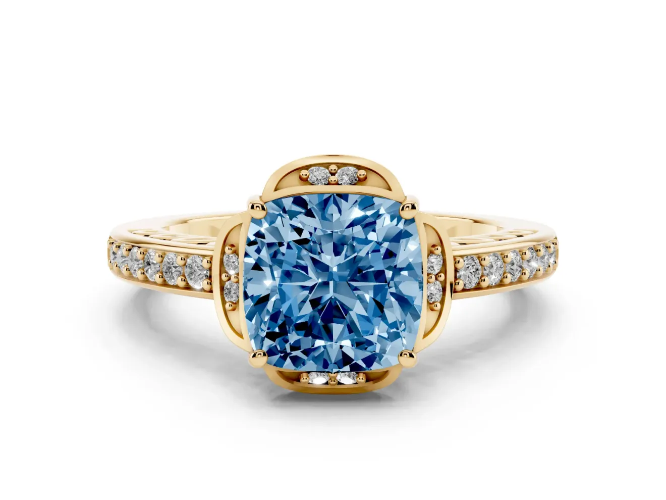 Cushion Cut Floral Pavé Engagement Ring Setting for a Fancy Blue Lab-Grown Diamond | Yellow Gold