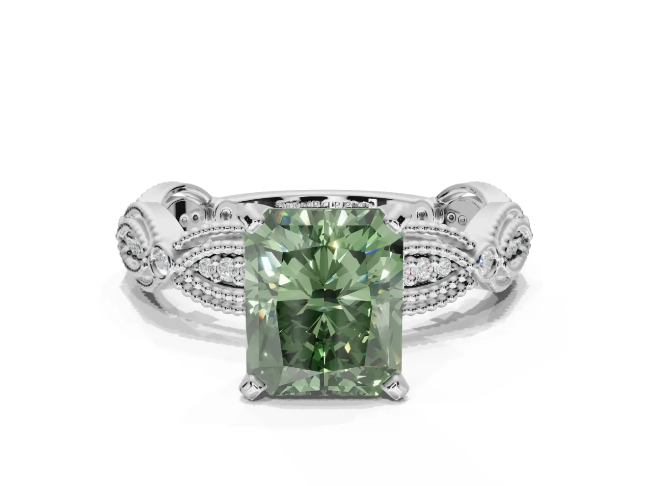 Radiant Cut Vintage Engagement Ring Setting for a Fancy Green Lab-Grown Diamond | Graduated Stations | Sterling Silver