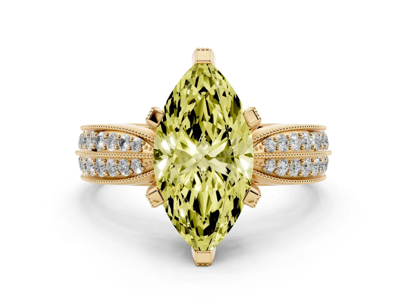 Fancy Yellow Marquise Cut Diamond Solitaire Ring Set in Yellow gold with Milgrain Double Row Round Pavé Band